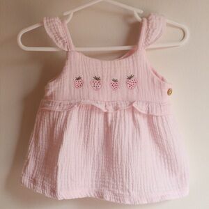 Rabbit + Bear Organic Cotton Embroidery Strawberry Dress 0–3M | Pink Muslin Baby